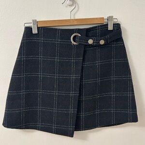 Navy Checkered Wrap Mini Skirt with Belt Detail